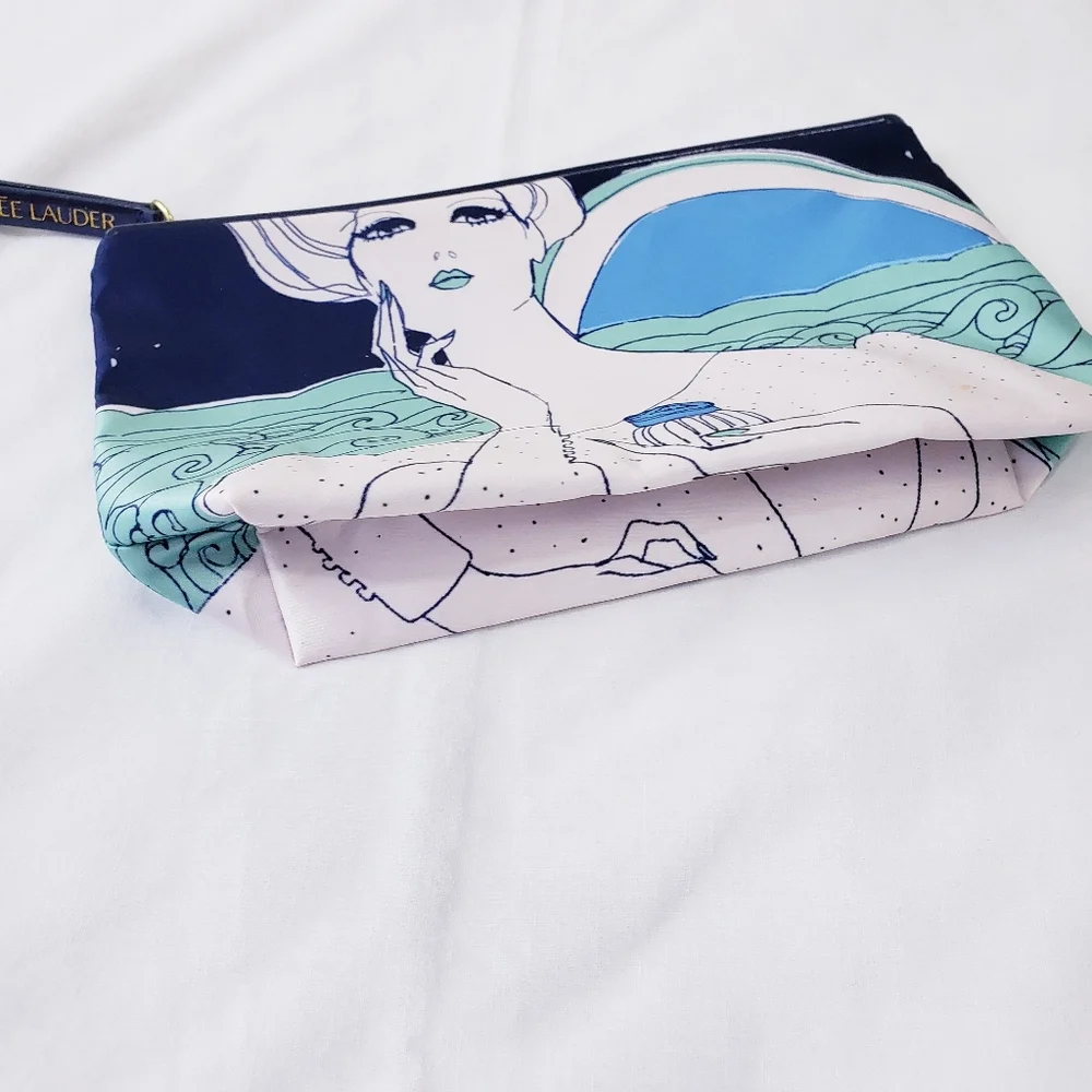 Estee Lauder Cosmetic Bag Elegant Lady Holding Perfume Blue Turquoise